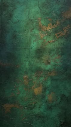 an abstract painting with green and gold colors