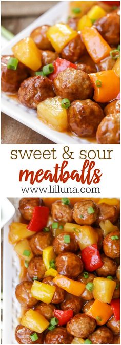 sweet and sour meatballs with pineapples, peppers and onions on a white plate