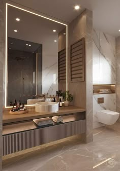 a modern bathroom with marble walls and flooring