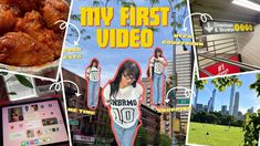 a collage of pictures with food and people in them, including an advertisement for the first video