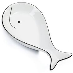 a white whale shaped dish with black lines on the bottom and an oval shape in the middle