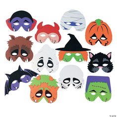 a bunch of masks that are on top of each other in different colors and shapes