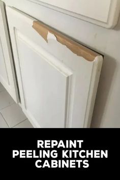 a kitchen cabinet door that has been stripped off and is being replaced with peeling paint