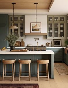 an image of a kitchen setting with green cabinets and stools on the countertop