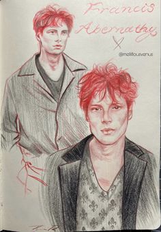 a drawing of two people with red hair and one is looking at the camera while the other looks to his left