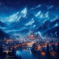 a painting of a castle in the middle of a night sky with mountains and stars