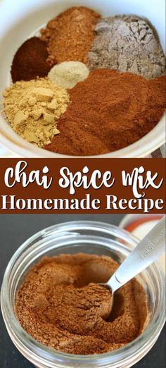 the ingredients for homemade spice mix in a glass bowl and on a table with text overlay