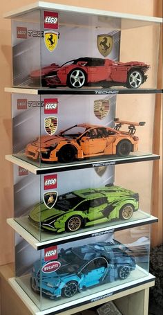 a display case filled with assorted toy cars