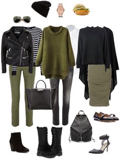 Olive Green And Black Outfit, Black Outfit Ideas, Olive Clothing, Mode Tips, Fashion Capsule Wardrobe, Capsule Outfits, Wardrobe Outfits, Smart Casual Outfit