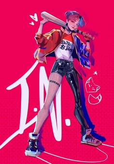 an anime character holding a baseball bat on top of a pink and red background with the word dm