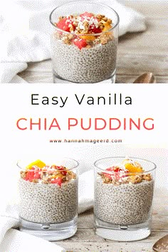 chia pudding with fruit and nuts in two glasses on a wooden table next to spoons