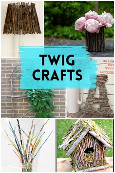 several different pictures with the words twig crafts on them and flowers in vases