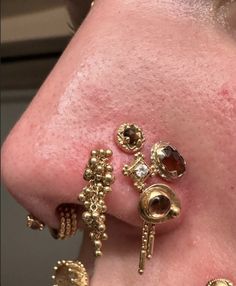 a close up of a person's nose with gold jewelry on top of it