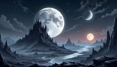 a fantasy landscape with mountains, rocks and a castle in the background at night time