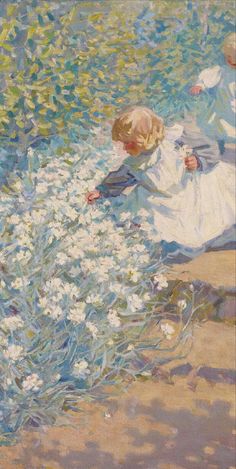 an oil painting of two children picking flowers from a pond with white daisies in the foreground