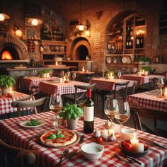 a restaurant with red and white checkered tablecloths, wine glasses, pizza and candles on the tables