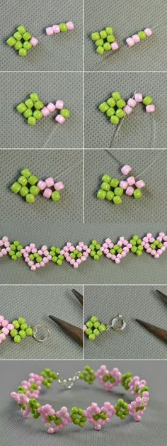 the instructions for making beaded bracelets with beads and flowers are shown in four different ways