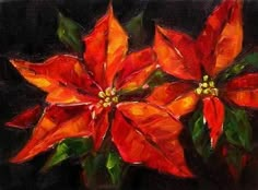 a painting of three red poinsettias on a black background