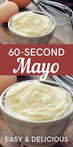 two bowls filled with mayo and eggs on top of a wooden table