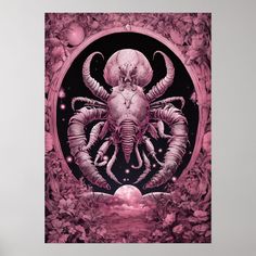 an octopus is in the middle of a painting with pink hues on it's face