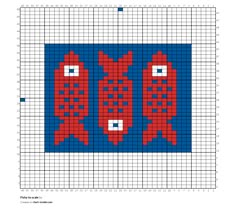 a cross stitch pattern with red and blue fish on the bottom, in two rows