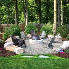 an outdoor fire pit surrounded by lawn chairs