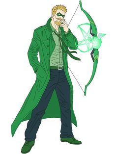 a drawing of a man in green coat holding a bow and arrow with one hand