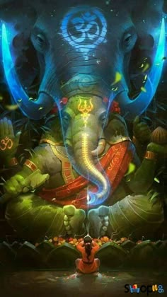 an elephant is sitting in the middle of a painting with lights on it's trunk