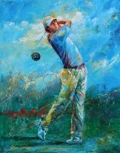 a painting of a man swinging a golf club at a ball in the air with blue sky and clouds behind him