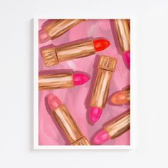 a painting of lipsticks on a pink background