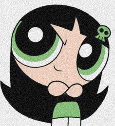 an animated character with green eyes and black hair