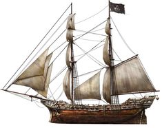 an old sailing ship with white sails and two masts, on a white background