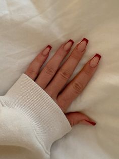 #nailinspo #nails #redfrench #coffinshapenails Coffin Red Tip Nails, Red Tip Gel Nails, Medium Red French Tip Nails, Red French Nails Coffin, Red French Coffin Nails, Red French Tip Coffin Nails, Red French Tip Nails Coffin, French Nails Coffin, French Nails Red