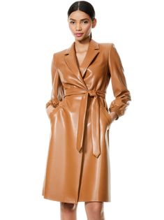 Tamesha Vegan Leather Coat | Alice And Olivia Designer Brown Belted Outerwear, Luxury Brown Belted Outerwear, Designer Belted Leather Jacket For Fall, Luxury Leather Belted Outerwear, Luxury Leather Outerwear For Fall, Brown Leather Lined Outerwear For Work, Brown Leather-lined Outerwear For Work, Brown Outerwear With Leather Lining For Work, Elegant Brown Leather Jacket For Spring