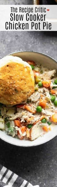 chicken pot pie in a white bowl with the recipe title on top and bottom photo