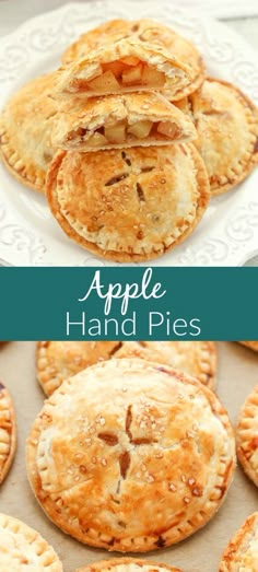 apple hand pies on a white plate with text overlay that says apple hand pies