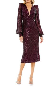 Glistening sequins enliven a scene-stealing midi dress framed by pronounced shoulders with long blouson sleeves. 48 1/2" length Deep V-neck Long sleeves Lined 100% polyester Spot clean Imported Asian Owned/Founded Long Sleeve Midi Dress Formal, Short Wedding Guest Dresses, Elegant Cocktail Dress, Puff Sleeve Midi Dress, Unique Prom Dresses, Sequin Party Dress, Short Cocktail Dress, Midi Cocktail Dress, Midi Dress Party