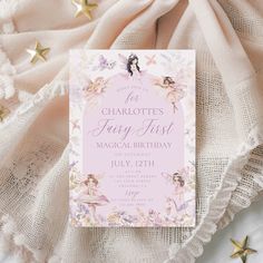 a pink fairy birthday party card with gold stars