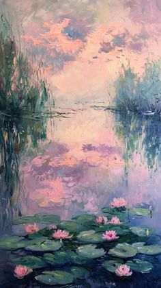 a painting of water lillies and reeds in the foreground with pink clouds