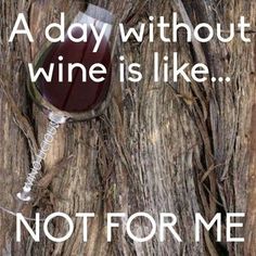 a bottle of wine sitting on top of a tree trunk with the words, a day without wine is like not for me