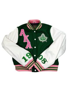 Description: Wool  Cowhide Leather Sleeves Embroidered AKA Ivy 20 Pearls on chest Chenille Pink AKA Front Snap Buttons Embroidered 1908 sleeves Embroidered BY CULTURE BY MERIT Rib-knitted cuff, collar, and hem Front side pockets Hand wash Alpha Kappa Alpha First Day Out Outfits, Aka Jackets Alpha Kappa Alpha, Aka Varsity Jacket, J15 Aka Alpha Kappa Alpha Outfit, Aka Homecoming Outfits, Aka First Day Out Outfits, Aka Sorority Outfits, Aka Outfits Alpha Kappa Alpha, Aka Jacket