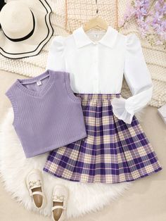 Tween Girls' Solid Color Shirt, Vest And Plaid Skirt Set Purple Casual  Long Sleeve  Plaid  Non-Stretch  Tween Girls Clothing, size features are:Bust: ,Length: ,Sleeve Length: Softie Clothes, Preppy Uniform, Rapunzel Clothes, Cute Clothes For Teens, Cute Fashion Outfits, Nerd Outfit, Harajuku Skirt, Plaid Skirt Set, Tv Clothes