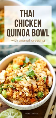 thai chicken quinoa bowl with peanut dressing