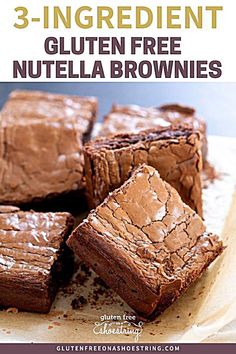 three ingredient gluten free nutella brownies on a white plate with text overlay