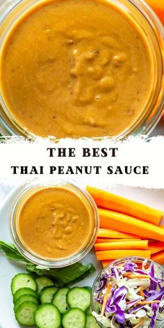 the best thai peanut sauce in a jar with carrots, cucumbers and celery