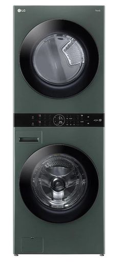 two green washers side by side with the front door open and one in black