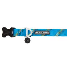 a blue dog collar with a black metal buckle on it's side and the words arcadia