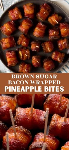 bacon wrapped pineapple bites on skewers in a skillet with text overlay