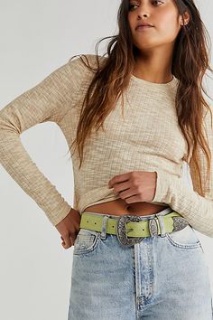 Luxe suede belt featuring a western inspired metal belt buckle featuring ornate detailing. | Black Rock Western Belt by Free People in Green, Size: S-M/P-M Western Waist Belt, Western Belts Outfit, Southwestern Style Brown Concho Belt, Chunky Western Belt, Black Western Belt, Handmade Brown Western Belt, 2.5” Western Belt For Women, Cowboy Belt, Suede Belt