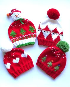 three knitted christmas hats with pom - poms and snowmen on them